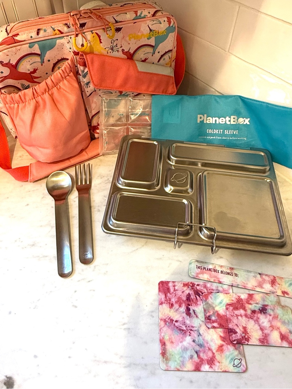 Planetbox Stainless Steel Bento Lunchbox Set with Coral Bag and Tie-Dye bundle